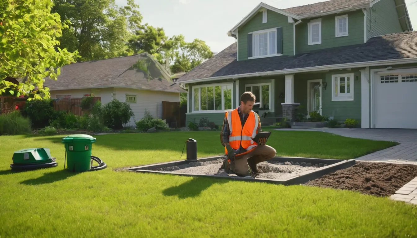 Provider inspecting a septic tank access lid in a residential yard near Avon